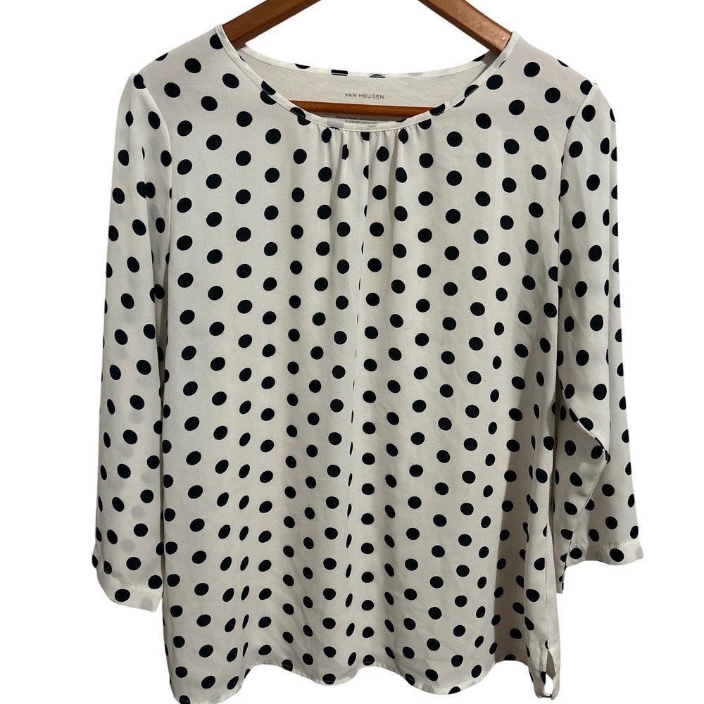 Playful Van Heusen Blouse Chiffon Front Knit Back Black Polka Dots Womens Size M
